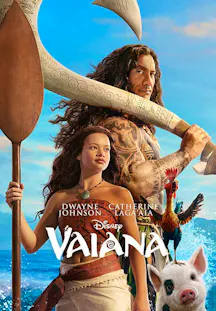 Filmplakat zu «Vaiana» mit Vaiana und Maui auf dem Meer, begleitet von einem Hahn und einem Schwein.