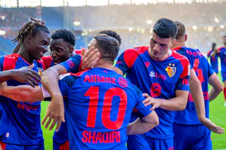 Basle Spieler jubelon nach dem Tor zum 4:0 im Fussball Meisterschaftsspiel der Regular Season der Swiss Super League zwischen dem FC Basel 1893 und dem FC Thun im Stadion St. Jakob-Park in Basel, am Sonntag, 9. August 2026. (KEYSTONE/Georgios Kefalas)