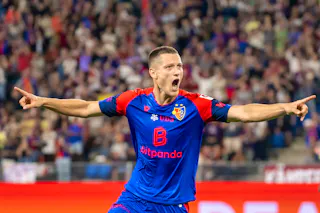 Zan Celar (FCB) jubelt nach seinem zweiten Tor, das allerdings spaeter aberkannt wurde, im Fussball Meisterschaftsspiel der Regular Season der Swiss Super League zwischen dem FC Basel 1893 und dem FC Sion im Stadion St. Jakob-Park in Basel, am Donnerstag, 3. September 2026. (KEYSTONE/Georgios Kefalas)