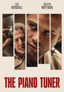 Filmplakat zu The Piano Tuner mit Gesichtsausschnitten von Leo Woodall, Dustin Hoffman und einer Tresor-Kombination