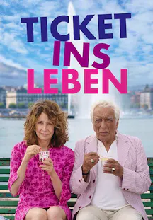 Hauptdarsteller sitzen mit Eisbechern auf einer Bank am See auf dem Filmplakat zu Ticket ins Leben
