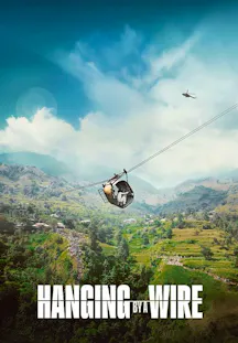 Filmplakat zu Hanging by a Wire mit einer Seilbahnkabine hoch über einem Tal und einem Helikopter am Himmel 
