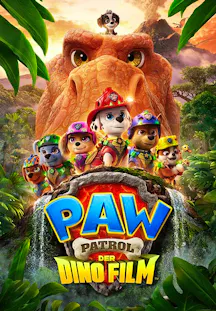 Buntes Filmplakat zu PAW Patrol: Der Dino Film mit den Hundewelpen vor einem riesigen T-Rex im Dschungel