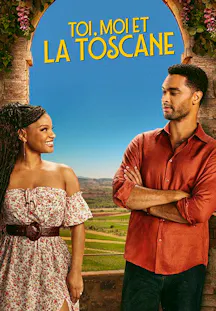 Halle Bailey und Regé-Jean Page blicken sich lächelnd vor einer Landschaft der Toskana an