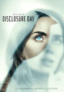 Gesichtsschatten einer Frau mit leuchtend blauem Auge im Filmplakat zu Disclosure Day von Steven Spielberg