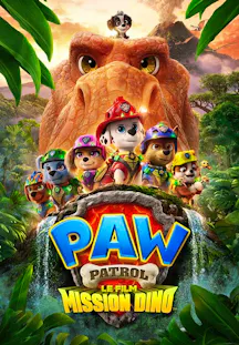 Die Welpen der Paw Patrol stehen vor einem riesigen Dinosaurier und einem Vulkanausbruch auf dem Filmplakat