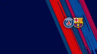 Grafischer Teaser für das UEFA Champions League Spiel zwischen Paris Saint-Germain und FC Barcelona mit den Vereinslogos vor rot-blau gestreiftem Hintergrund.