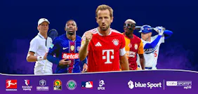 Werbebanner für beIN SPORTS CH en FR mit Sportlern (u.a. Harry Kane, Tennisspieler) und Partner-Logos wie blue Sport